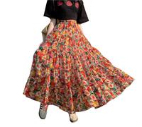 Rock Damen Lang Chiffon Hohe Taille Maxirock Elegant Bohemien Röcke A-Linie Urlaub Sommerrock Faltenrock Orange XL