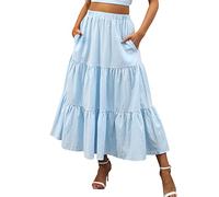 Rock Damen Lang Elegant Boho Rock Sommer Rüschen Maxirock Damen Mädchen Basic Solide Elastische Taille Faltenrock Sommerrock A Linie Strandrock Plisseerock mit Taschen