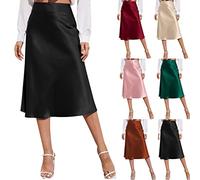 Rock Damen Lang Satin Elastische Hohe Taille Swing A-Linien Midi Rock Faltenrock Damen High Waist Midi Rock Satinrock Business Bleistiftrock Party Cutting Rock Satin Elastische Hohe Taille