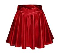 Rock Damen Metallischer Glänzender Höhe Taille Liquid Mini Röcke Elastische A-Linien Pull On Skater Lederröcke Faltenrock Glänzend Rock Metallisch Elastische Taille Röcke (Red, S)