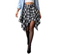 Rock Damen Sommer Hohe Taille Minirock Asymmetrischer Saum Faltenrock mit Knoten Vorne Sommerrock Boho Stil Wickelrock mit Taschen Karierter Stretch Freizeitrock Lockere Passform Damenrock