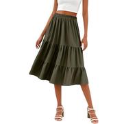 Rock Damen Sommer Midi Rüschen Röcke Damen Sommer Lang Elastischer A Linie Sommerrock Leicht und Luftig Skirt Elegant Plissee Langer Rock Frauen Volant Midirock Casual Skirts for Women