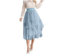 Rock Damen Sommer-Tüllrock Damen Midi Sommerrock Leicht und Luftig Tüll Röcke Elegant Einfarbig Faltenrock Knielang Midirock A Linie UnregelmäßIger Stufenrock Elastische High Waist Netz Plisseerock