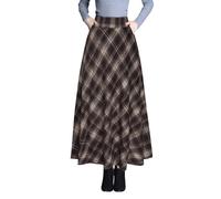 Rock Lang Damen Elegant Hohe Taille Maxi Winterrock Vintage A Linie Karierter Röcke Faltenrock Braun XXL(Elastic Waist:88cm)