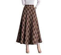 Rock Lang Damen Elegant Hohe Taille Maxi Winterrock Vintage A Linie Karierter Röcke Faltenrock Braun S(Elastische Taille:66cm)