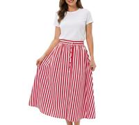 Rock rot weiß gestreift Popcorn, Popcorn Kostüm Damen Rot Weiß Gestreift Rock Rockabilly Cocktail 50Er Jahre Outfit Karneval Tellerrock A Linien Faltenrock Elastische Hohe Vintage Glockenrock, Rot, S