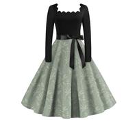 Rockabilly Kleid Damen Lang Vintage 60er Jahre Kleid Langarm Blumen Schwingen Cocktailkleid Elegant Quadratischer Kragen Ballkleid A Linie Petticoat Abendkleid Frauen Geblümt Frühlingskleid