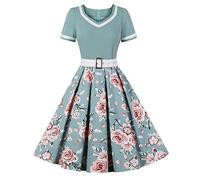 Rockabilly Kleider Damen 50er Jahre Petticoat Kleid Vintage Audrey Hepburn Kurzarm V-Ausschnitt Polka Dot Swing Coctailkleid Hochzeit Gast Festlich Knielang Sommerkleid Abendkleid Grün Blume S