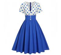 Rockabilly Kleider Damen 50er Jahre Polka Dots Cocktailkleid Vintage Swing A-Line Kleider Kurzarm V-Ausschnitt Festliche Abendkleider Knielang Tunika Partykleid Gepunkte Ballkleider Midikleid