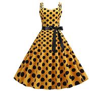 Rockabilly Kleider Damen 50er Jahre Vintage Retro 50s Petticoat Kleid Sommer Spaghettiträger Polka Dot Swing Pettycoatkleider Faltenrock Festlich Partykleid Coctailkleid Ballkleid Abendkleid Gelb M