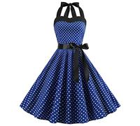 Rockabilly Kleider Damen 50er Vintage Cocktailkleid 1950er Jahre Retro Gespleißt Blumen/Polka Dots Ärmellos Sommer Swing Festlich Abendkleid Dunkelblau L