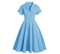 Rockabilly Kleider Damen 50er Vintage Cocktailkleid 1950er Jahre Retro Gespleißt Blumen/Polka Dots Ärmellos Sommer Swing Festlich Abendkleid Himmelblau XL