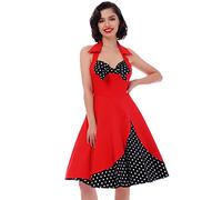 Rockabilly Kleider Damen 50s Vintage 50er Jahre Retro Petticoat Kleid Neckholder Blumen Polka Dot Swing A-Linien Pettycoatkleider Festlich Coctailkleid Kurz Ballkleid Abendkleid Rot+Schwarz L
