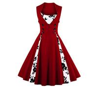 Rockabilly Kleider Damen 50s Vintage Retro Petticoat Kleid 50er Jahre Gespleißt Blumen/Polka Dots Ärmellos Sommer Swing Pettycoatkleider Festlich Coctailkleid Midi Ballkleid Abendkleid A#Weinrot L