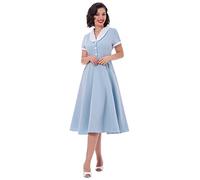Rockabilly Kleider Damen 50s Vintage Retro Petticoat Kleid 50er Jahre Kurzarm Peter Pan Kragen Sommer Swing Pettycoatkleider Festlich Partykleid Coctailkleid Ballkleid Abendkleid Blau Weiß L