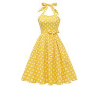 Rockabilly Kleider Damen 60er 50er Jahre Vintage 50s Audrey Hepburn Retro Petticoat Kleid Neckholder Polka Dot Swing A-Linien Knielang Coctailkleid Festlich Hochzeit Gast Kurz Abendkleid B#Gelb L