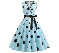 Rockabilly Kleider Damen Ärmellos Vintage Kleid A-Linie Retro 50s Sommerkleid V Ausschnitt Polka Dot Leicht Faltenrock Hochzeit Festlich Partykleid Frauen Mit Gürtel Punkte Coctailkleid Sommer