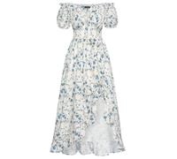 Rockabilly Piraten Kleider Damen Square Neck Rüschen Saum A-Linie Corsagenkleid Blau Blumendruck auf Weiß XL