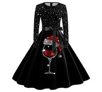 Rockabilly Weihnachtskleid Damen 50er Jahre Weihnachten Kleider Langarm Etuikleid Rundhals Swing Coctailkleid Elegant Hochzeit Festlich Knielang Kleid Frauen Blusenkleid Christmas Dresses (Wine #4, L)