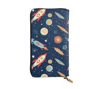 Rocket in Space Ledergeldbörse für Damen, lange Münzbörse, ultradünn, Kreditkartenhalter, Bifold Clutch