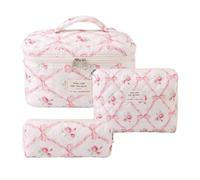 Rockreyoa Reise Kosmetiktasche Coquette Kosmetiktasche aus Baumwolle Groß Make Up Tasche Organizer mit Bürstenfach Kawaii Kulturbeutel Blumen Gesteppte Kulturtasche Rhombisch Rosa Blumen 25*16*16cm