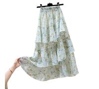 Röcke Damen,Damen-Midirock Mit Unregelmäßigen Rüschen, Gestuft, Boho-Blumendruck, Faltenrock Mit Futter, Sommer, Leicht, A-Linie, Schwingend, Gerüscht, Fließend, Lange Röcke Für Mädchen Und