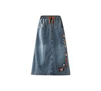 Röcke für Damen Knielang Jeansrock High Waist Midi Rock A-Linie Jeans Rock Sommer Denim Maxirock Damen Sommerröcke Stretch Cowboy Damenröcke Langer Rock mit Kordelzug Gummiband Stickerei Damenrock