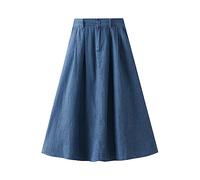 Röcke Für Damen,Sommer Leichter Denim-Midirock Für Damen, Blau, Elastisch, Hohe Taille, Faltenrock Mit Taschen, Weiche Baumwolle, A-Linie, Gerüscht, Lässig, Lange Röcke Für Mädchen Und Damen
