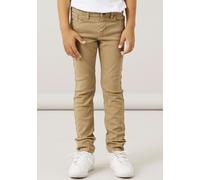 Röhrenhose NAME IT "NKMTHEO für Jungen mit verstellbarem Bund und schmaler Silhouette", Mädchen, Gr. 92, N-Gr, braun (kelp), Twill, Obermaterial: 98% Baumwolle, 2% Elasthan, unifarben, slim fit knöche