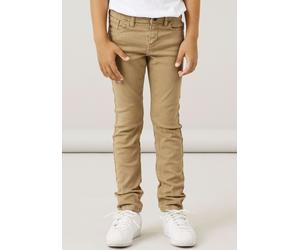 Röhrenhose NAME IT "NKMTHEO für Jungen mit verstellbarem Bund und schmaler Silhouette", Mädchen, Gr. 92, N-Gr, braun (kelp), Twill, Obermaterial: 98% Baumwolle, 2% Elasthan, unifarben, slim fit knöche