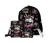 Roffatide Cartoon Niedlich Kuromi Rucksack Nylon Umhängetasche Daily Travel 3D Print Rucksack mit Crossbody Tasche Marker Organizer Case 3pcs Set F