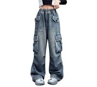 Rolanko Baggy Cargo Jeans für Mädchen, Elastische Hose mit Hoher Taille und Weitem Bein Y2K Jeanshose mit Mehreren Taschen, Blau Denim, 6-7 Jahre, 130