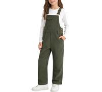 Rolanko Mädchen Cord-Overalls Anpassbar Träger Latzhose mit Taschen Baggy Loose Long Jumpsuit für Kinder, OlivGrün, 140, 9-10 Jahre