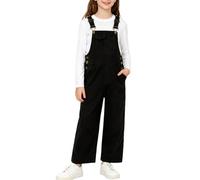 Rolanko Mädchen Cord-Overalls Anpassbar Träger Latzhose mit Taschen Baggy Loose Long Jumpsuit für Kinder, Schwarz, 150, 10-11 Jahre