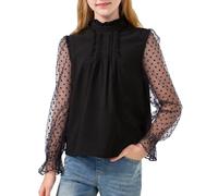 Rolanko Mädchen Langarmshirt Chiffon Blusen Rüschenkragen Puffärmel mit Schweizer Punkten Niedliche Oberteile, Schwarz, 160, 12-13 Jahre