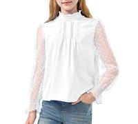 Rolanko Mädchen Langarmshirt Chiffon Blusen Rüschenkragen Puffärmel mit Schweizer Punkten Niedliche Oberteile, Weiß, 140, 9-10 Jahre