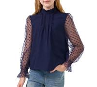 Rolanko Mädchen Langarmshirt Chiffon Blusen Rüschenkragen Puffärmel mit Schweizer Punkten Niedliche Oberteile, Marine, 160, 12-13 Jahre