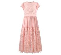 Rolanko Spitzenkleid für Blumenmädchen, Erstkommunion Party, Hochzeit Prinzessin Langarm Maxi Kleid mit Rüschenärmeln, Rosa, 11-12 Jahre, 160
