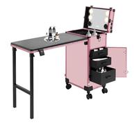 Rolling Manicure Table mit 3 Schubladen Kosmetikspiegel Faltbar Make-up Aufbewahrung 50kg Tragkraft Pink Modernes Design Kosmetik Koffer