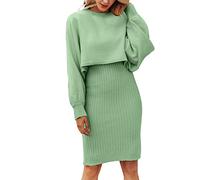 Rollkragen Damen Damen Langarm Lazy Style Modisches festes Strickkleid Zweiteiliges mittellanges Wollkleid Kleid Mit