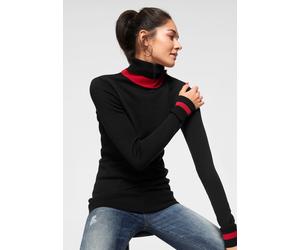 Rollkragenpullover AJC, Damen, Gr. 36/38 (S), schwarz (schwarz, rot), Feinstrick, Obermaterial: 50% Baumwolle, 50% Polyacryl, kontrastfarbene Details, unifarben, figurbetont hüftbedeckend, hoch geschl