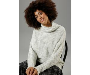 Rollkragenpullover ANISTON CASUAL, Damen, Gr. 48, grau (wollweiß, hellgrau, meliert), Grobstrick, Obermaterial: 85% Polyacryl, 8% Nylon, 7% Wolle, meliert, figurumspielend hüftlang, Pullover Rollkrage