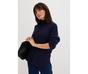Rollkragenpullover BONPRIX "Rollkragenpullover aus reiner Baumwolle", Damen, Gr. 52/54 (XXL), blau (dunkelblau), Grobstrick, Obermaterial: 100% Baumwolle, unifarben, oversize Po-bedeckend, hoch geschl