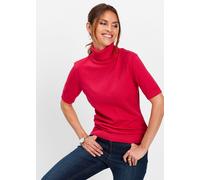 Rollkragenpullover BONPRIX "Rollkragenpullover, Kurzarm", Damen, Gr. 36/38 (S), rot (granatrot), Feinstrick, Obermaterial: 70% Baumwolle, 30% Polyamid, unifarben, slim fit hüftbedeckend, Rundhals, Str