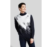 Rollkragenpullover BUGATTI, Herren, Gr. XXL, blau (marine), 70% Acryl, 30% Wolle, bedruckt, casual, regular fit, ohne Ausschnitt, Langarm Rippbündchen, Pullover, mit winterlichem Bergmotiv (74383114-X
