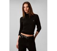 Rollkragenpullover CALVIN KLEIN JEANS "WOVEN LABEL T-NECK SWEATER", Damen, Gr. XS, schwarz, Web, Obermaterial: 100% Baumwolle, unifarben, regular fit taillenbedeckt, Rundhals, eingesetzt gerader Absch
