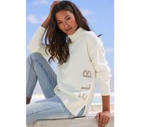 Rollkragenpullover ELBSAND "mit eingestricktem Logoschriftzug", Damen, Gr. L (44/46), weiß, Strick, Obermaterial: 50% Viskose, 28% Polyester, 22% Polyamid, unifarben mit Farbeinsatz, figurumspielend h