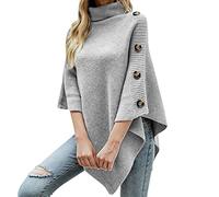 Rollkragenpullover für Damen Strick Cape Schalmantel Strickponcho mit Dekorativen Elementen Wrap Poncho Schal (03-Grey, One Size)