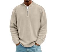 Rollkragenpullover Herren Cord Sweatshirt Quarter Zip V-Ausschnitt Langarmshirt Business Shirts Langarm Sweatshirt Jacke Gerippter Winter Thermohemd Pullover Weich Sweaters Freizeit Pulli(#A Khaki,L)
