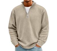 Rollkragenpullover Herren Cord Sweatshirt Quarter Zip V-Ausschnitt Langarmshirt Business Shirts Langarm Sweatshirt Jacke Gerippter Winter Thermohemd Pullover Weich Sweaters Freizeit Pulli(#B Khaki,XL)